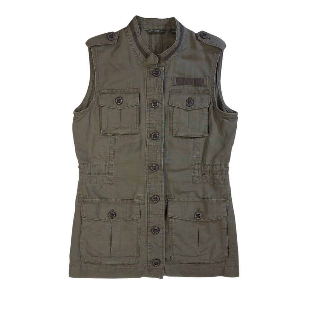 Eddie Bauer Utility Vest Olive Green Woman Medium Cotton Linen Hiking Outdoor